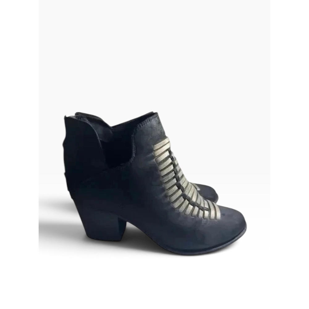 Black Southwestern Boho Woven Ankle Boots Distressed Festival Block Heel 7